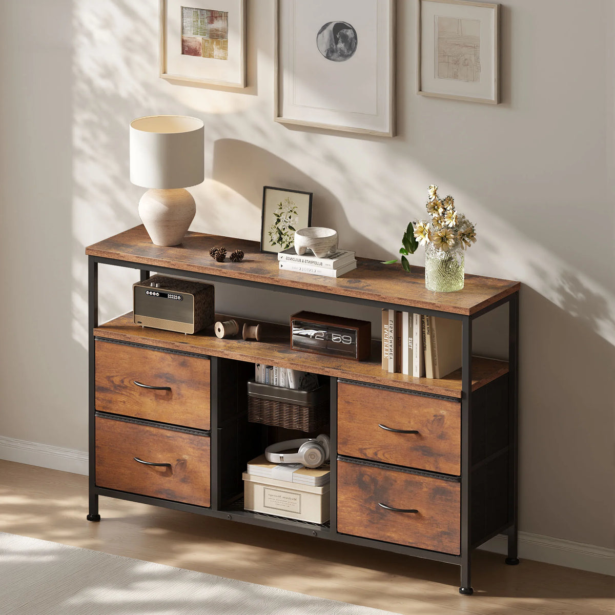 4 Drawers TV Stand Dresser for Bedroom Entertainment Center with LED Lights and Power Outlets Media Console for 50 Inch TV