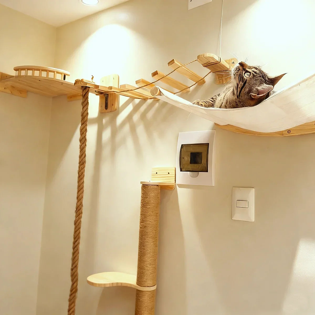 Wall-Mounted Cat Climbing Rope Wooden Cat Tree Hammock Step Ladder Natural Sisal Cat Scratching Post Indoor Wall Cat Furniture