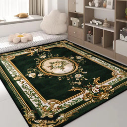 Luxury Green Flower Area Rug – Non-Slip Large Living Room Carpet, Golden Border Washable Soft Mat for Bedroom Home Decor