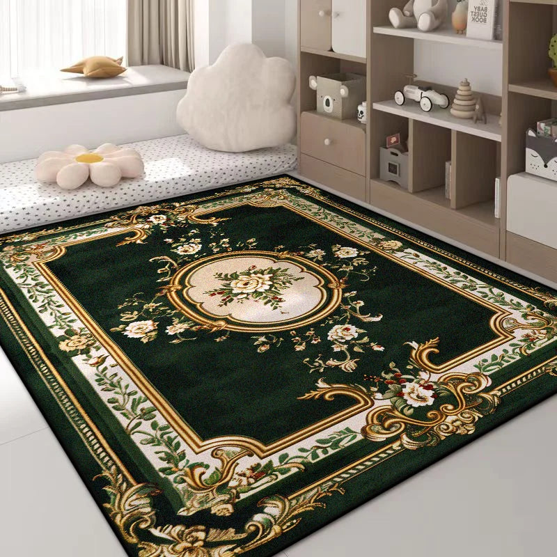 Luxury Green Flower Area Rug – Non-Slip Large Living Room Carpet, Golden Border Washable Soft Mat for Bedroom Home Decor