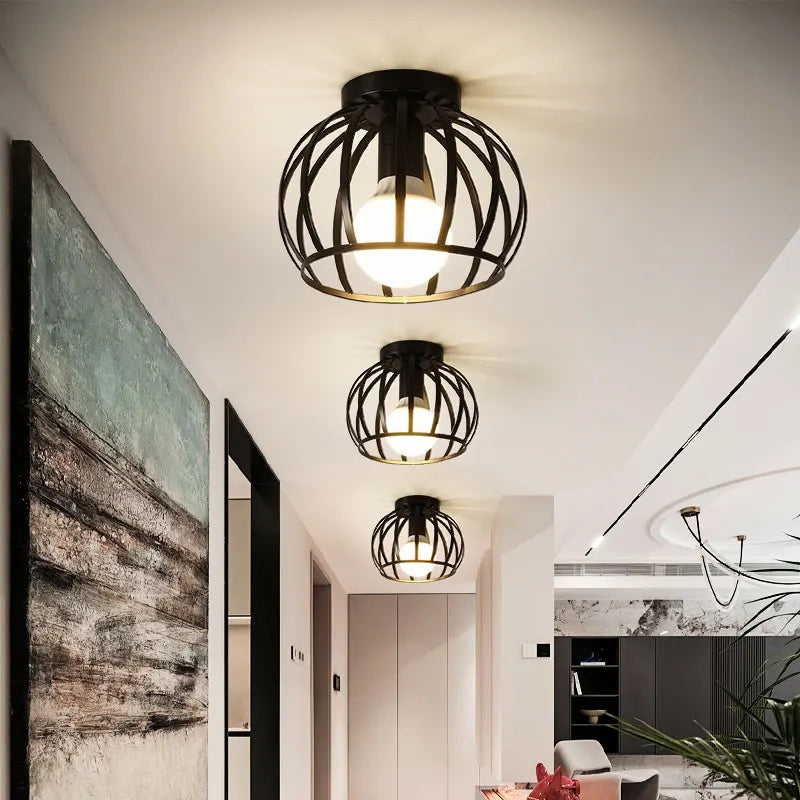 Vintage E27 Ceiling Lights Ceiling Lamps for Corridor Foyer Aisle Black Metal Indoor Cage Chandelier Lighting Fixures for Home