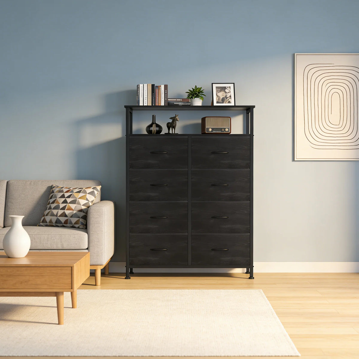 Living Room Wooden Top TV Stand 8 Fabric Drawers Cabinet with Charging Station Raised Shelf Storage Display Furniture