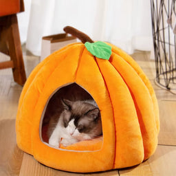 3D Pumpkin Pet House Semi-Enclosed Removable Bottom Non-Slip Soft PP Cotton Winter Cat House Tent for Pet Mat Washable Cave
