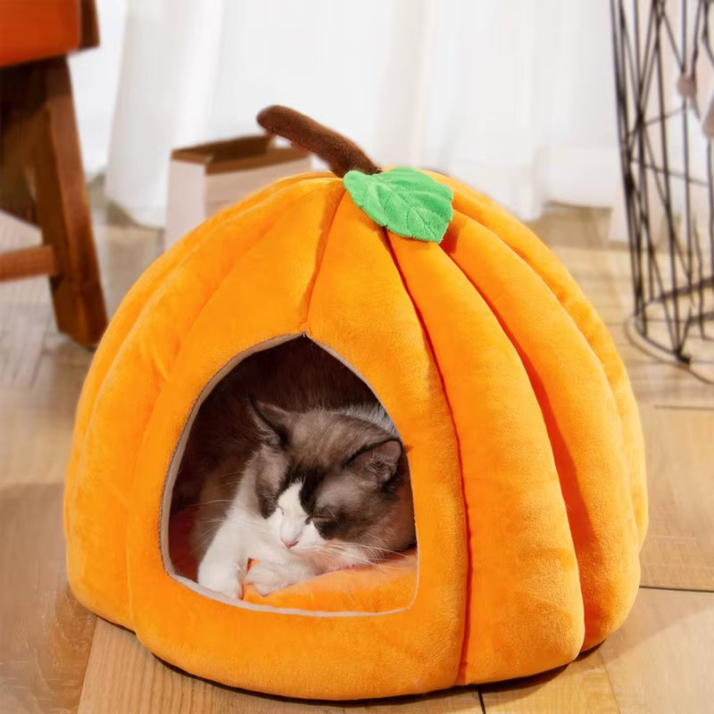 3D Pumpkin Pet House Semi-Enclosed Removable Bottom Non-Slip Soft PP Cotton Winter Cat House Tent for Pet Mat Washable Cave