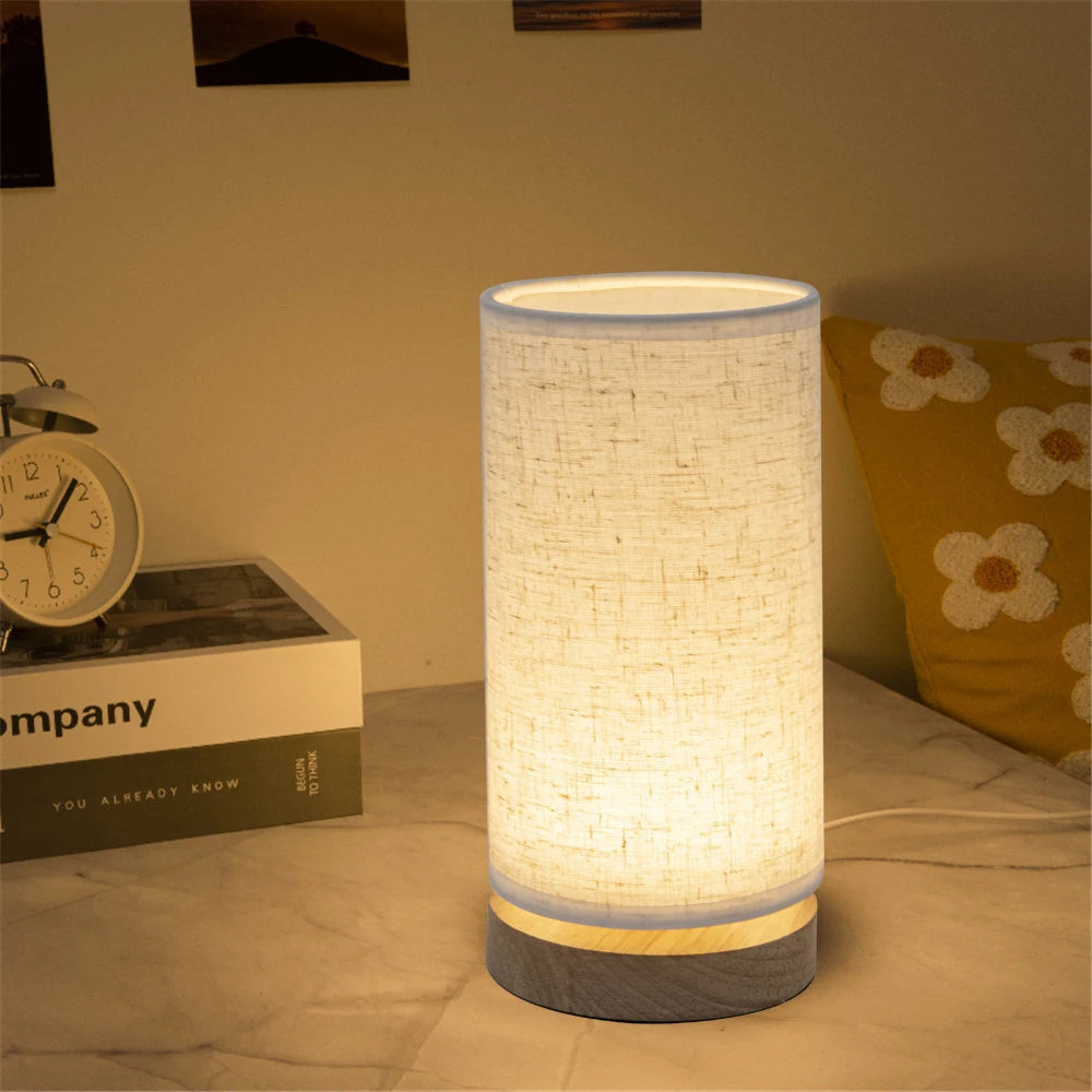 Solid Wood LED Table Lamp, Grey Linen Shade