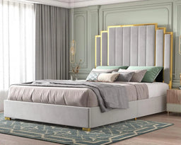 King Bed Frame Upholstered Platform with Gold Trim Headboard No Box Spring Needed Black, Customized