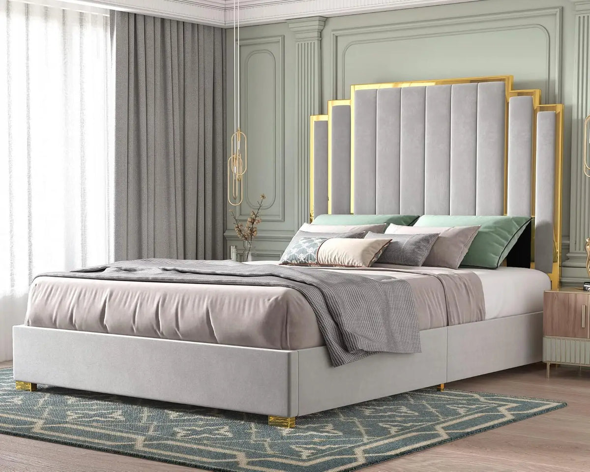 King Bed Frame Upholstered Platform with Gold Trim Headboard No Box Spring Needed Black, Customized