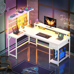 L-Shaped Gaming Desk with LED Light & Power Outlet Reversible Corner Computer Desk with Monitor Stand and Drawers for Home