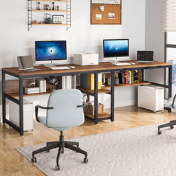 Two Person Desk with Bookshelf, 78.7 Computer Office Double Desk for Two Person, Rustic Writing Desk Workstation