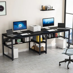 Two Person Desk with Bookshelf, 78.7 Computer Office Double Desk for Two Person, Rustic Writing Desk Workstation