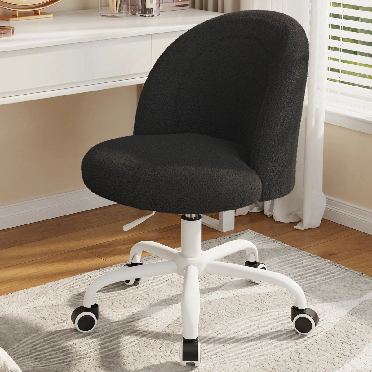 Height Adjustable Vanity Chair with Wheels Cute Makeup Desk Chair Soft Lumbar Support for Small Space Bedroom Home Office