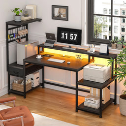 55“ LED Gaming Computer Desk with Power Outlets, Ergonomic Office Desk with Monitor Stand, Drawers & 3 Storage Shelves, Metal Frame Study Desk with Hooks for Home Office Bedroom