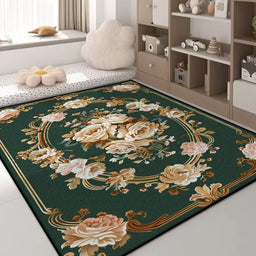 Luxury Green Flower Area Rug – Non-Slip Large Living Room Carpet, Golden Border Washable Soft Mat for Bedroom Home Decor