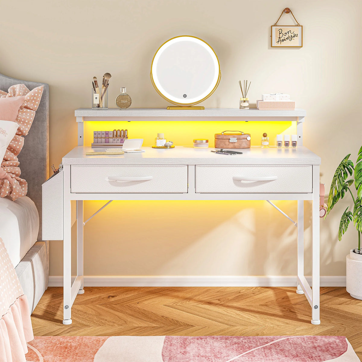 37.8"H RGB LED Study Writing Table Monitor Stand Computer Desk with 2 Fabric Drawers Small Desk Anti-Tip Design for Home Office