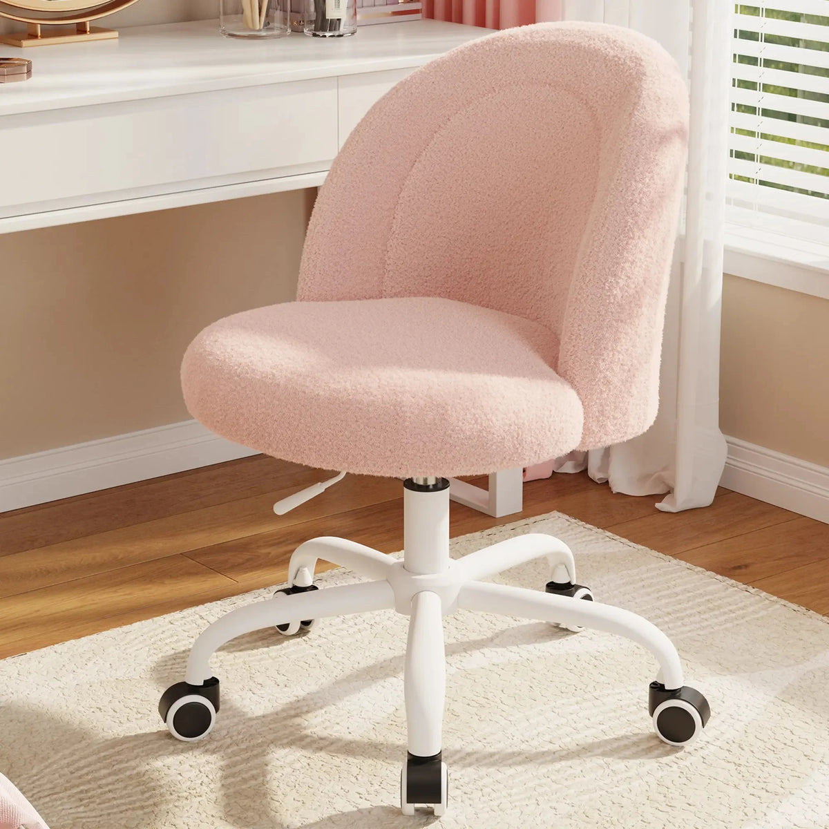 Height Adjustable Vanity Chair with Wheels Cute Makeup Desk Chair Soft Lumbar Support for Small Space Bedroom Home Office