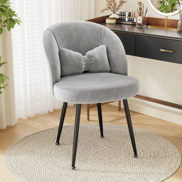 Velvet Vanity Chair Ergonomic Backrest Desk Chair with Bow Pillow, Black Metal Legs Accent Chair, Multi-Purpose Comfort Leisure Chair for Bedroom, Living Room, Makeup, Home Office Small Space