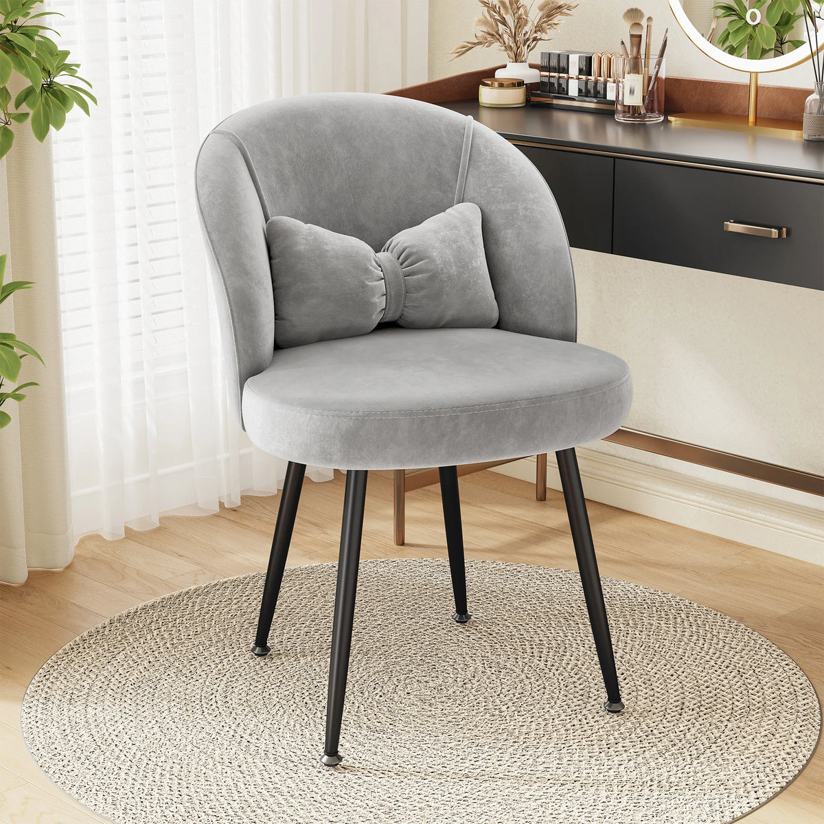 Velvet Vanity Chair Ergonomic Backrest Desk Chair with Bow Pillow, Black Metal Legs Accent Chair, Multi-Purpose Comfort Leisure Chair for Bedroom, Living Room, Makeup, Home Office Small Space