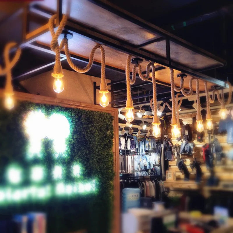 AC 95V-240V Retro Hemp Rope Pendant Light Vintage E27 LED Bulb Industrial Pendant Lamp Decor Hanging Lamp Indoor LED Lamp