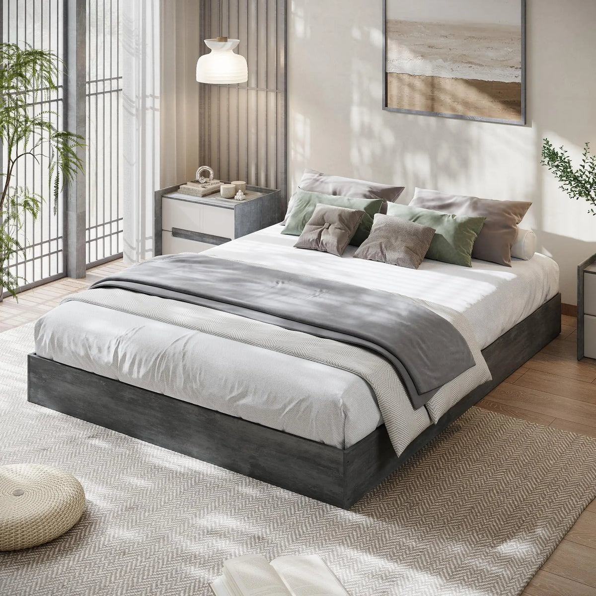 Wood Platform Bed Frame Sturdy Wooden Slat Support, No Headboard, No Box Spring Needed, Easy Assembly - Water-Washed Black