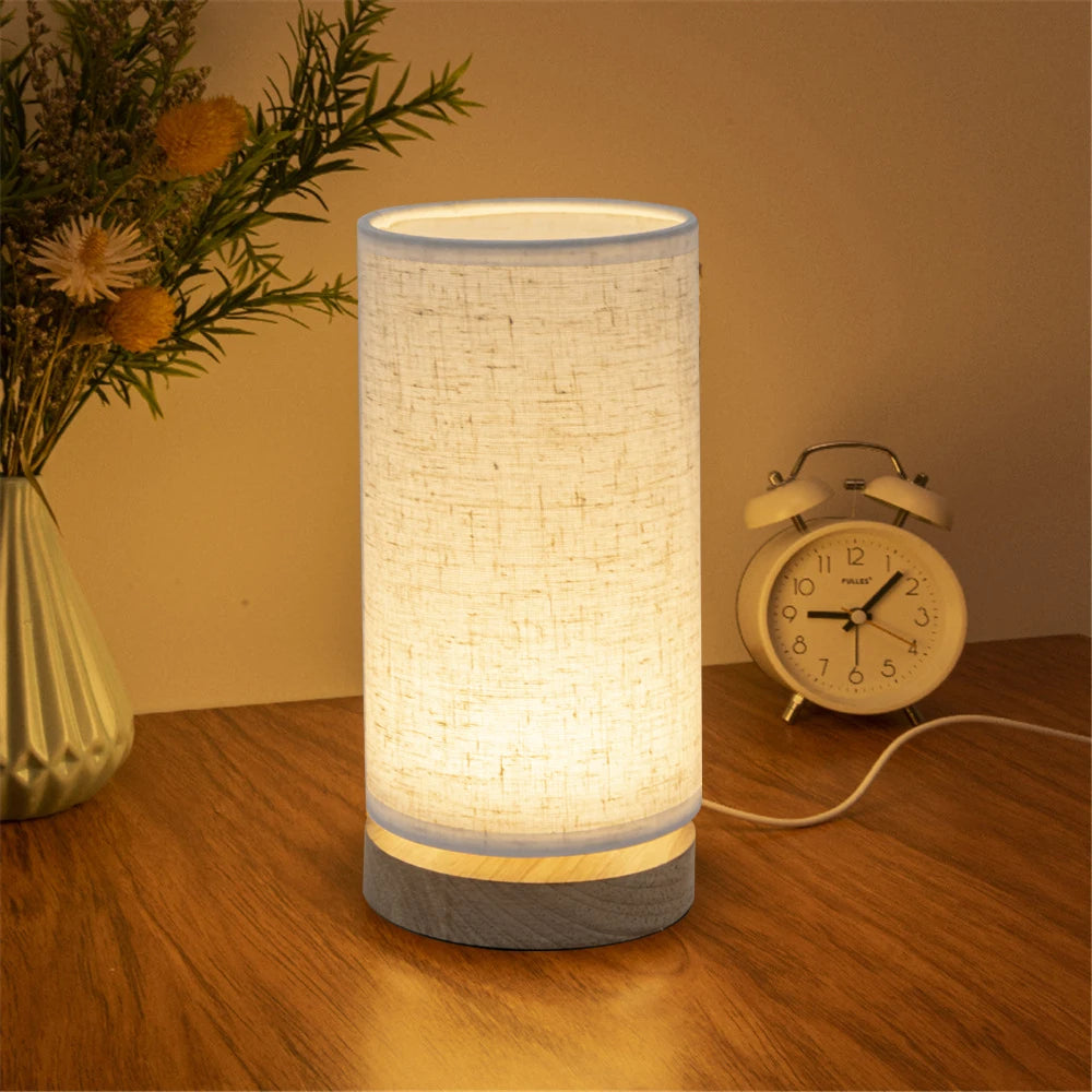 Solid Wood LED Table Lamp, Grey Linen Shade