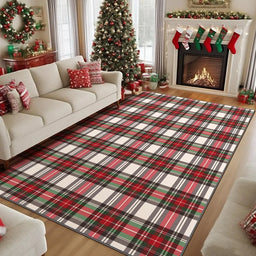 Christmas Area Rug Xmas Red Plaid Washable Christmas Rug Non-Slip Xmas Floor Carpet for Living Room Bedroom Kitchen Hallway