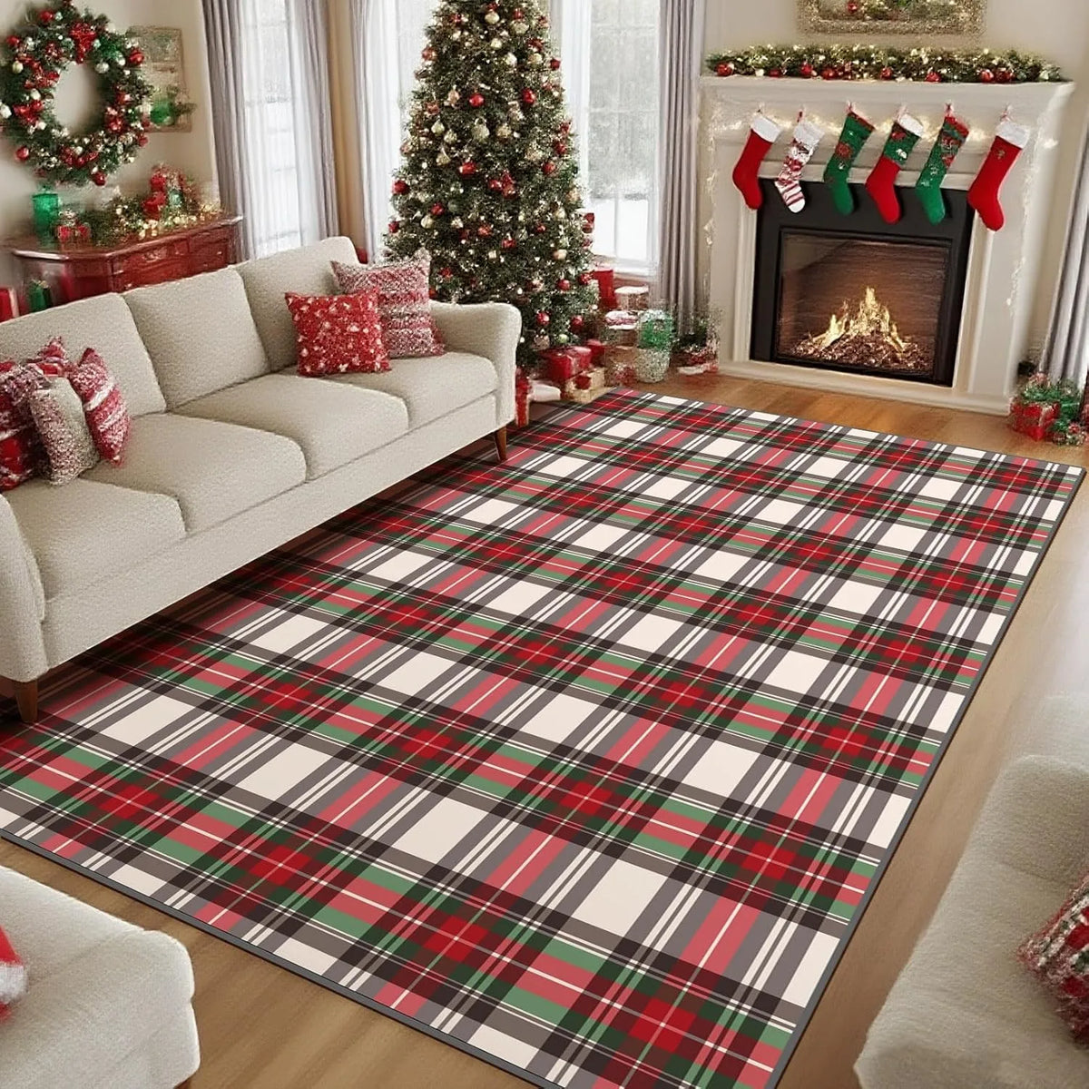 Christmas Area Rug Xmas Red Plaid Washable Christmas Rug Non-Slip Xmas Floor Carpet for Living Room Bedroom Kitchen Hallway