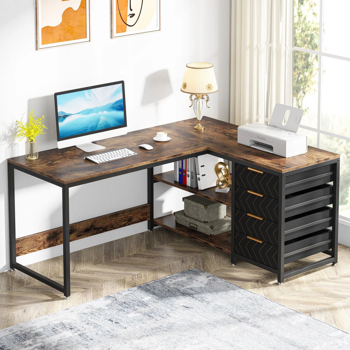59-Inch Reversible L-Shaped Desk with Drawers