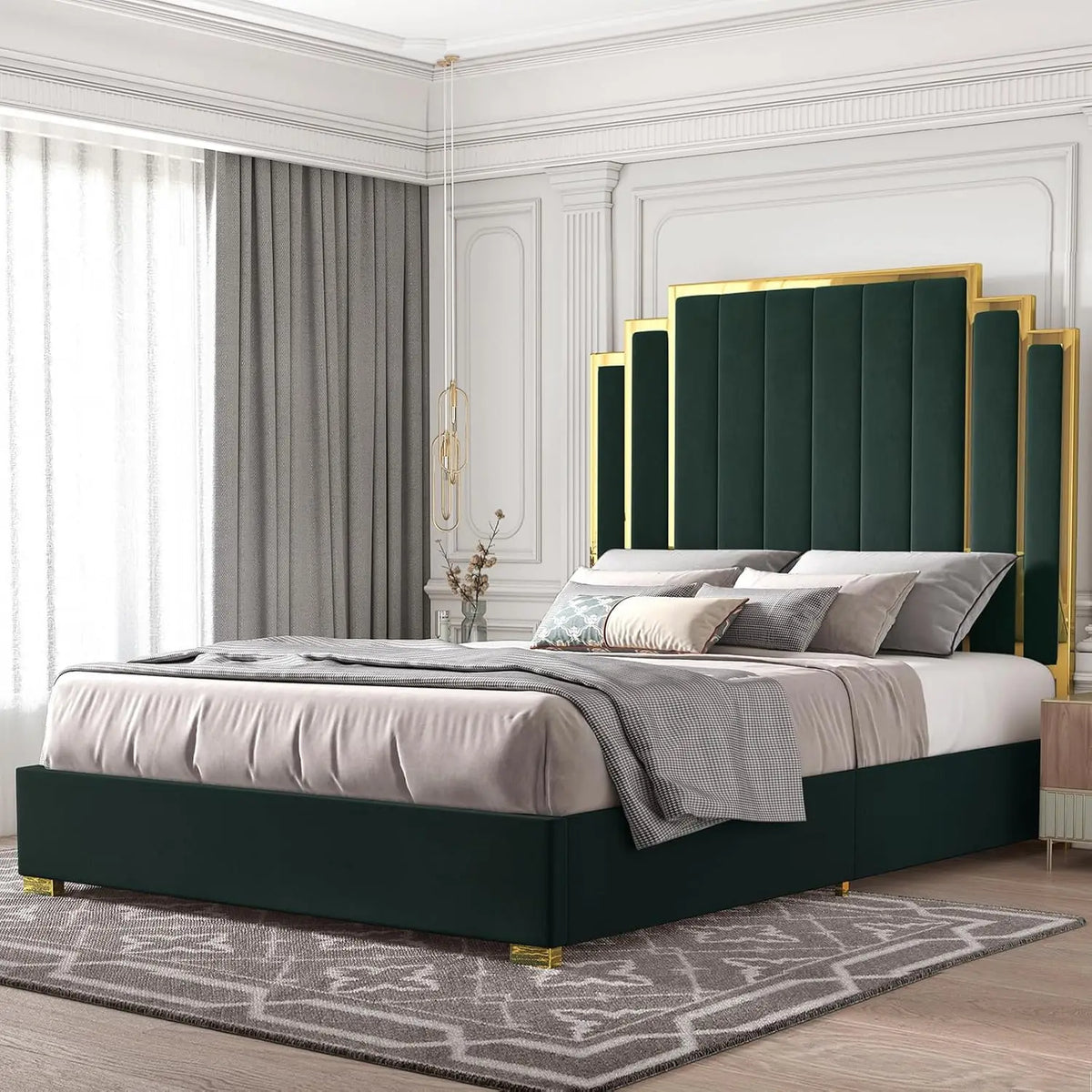 King Bed Frame Upholstered Platform with Gold Trim Headboard No Box Spring Needed Black, Customized