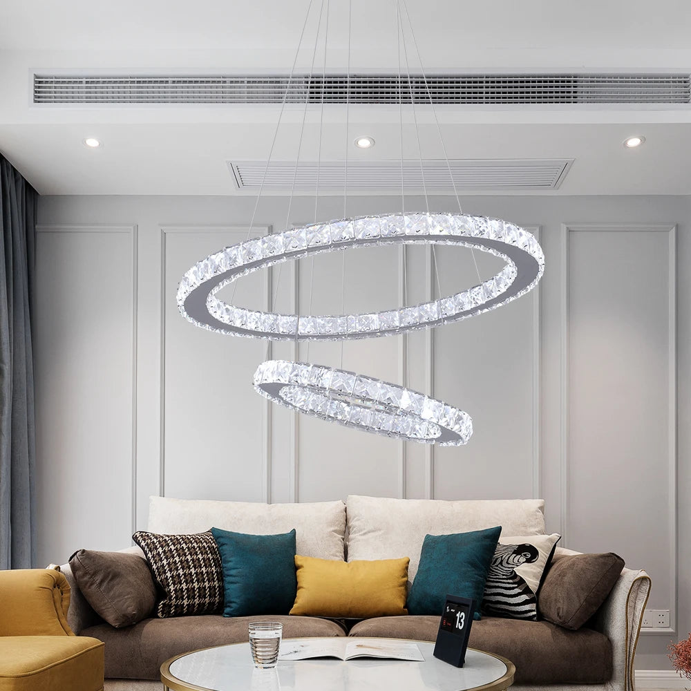 Modern Led Pendant Light Luxury Crystal Rings Dimmable Chandelier Hanging Lustre Ceiling Lamp Living Dining Room Decor Fixture