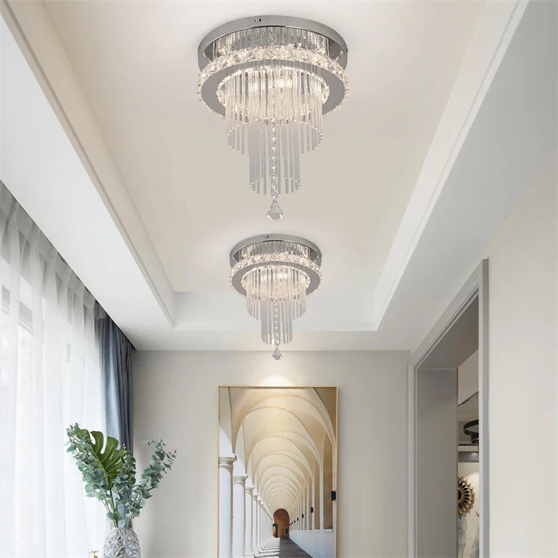 Crystal Chandelier Chrome Ceiling Lamps Led Flush Mount Stainless Steel Fixture Aisle Light Lustre Dining Room Living Room Decor