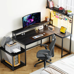 55.6 Inch Reversible L Shaped Gaming Desk RGB LED Corner Computer Desk with Power Outlet Monitor Stand Storage Shelf Home Office Study Desk for Teen Bedroom