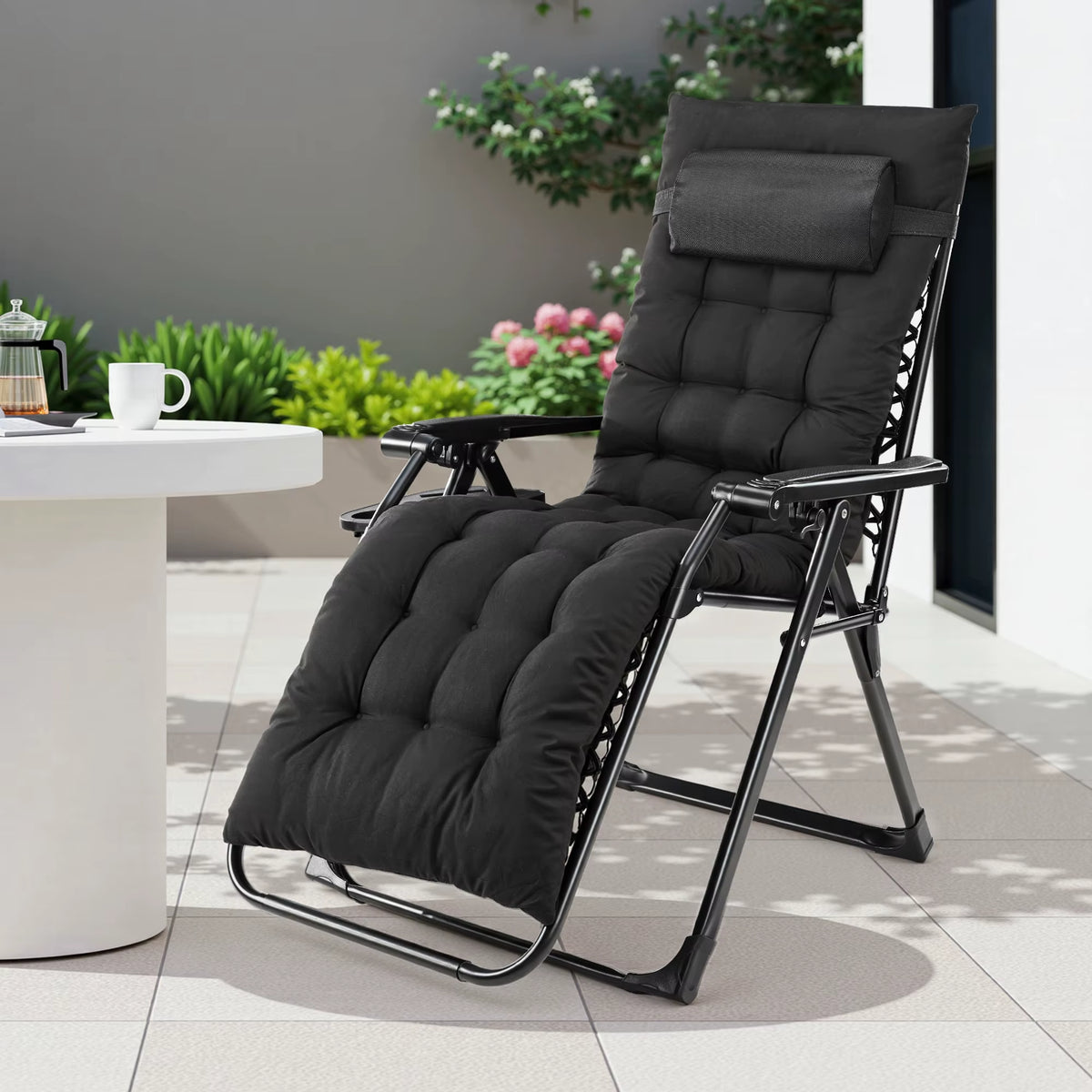 Zero Gravity Recliner Camping Patio Lounge Chair Folding Portable with Cup Holder Trays Removable Cushion for Outdoor Garden