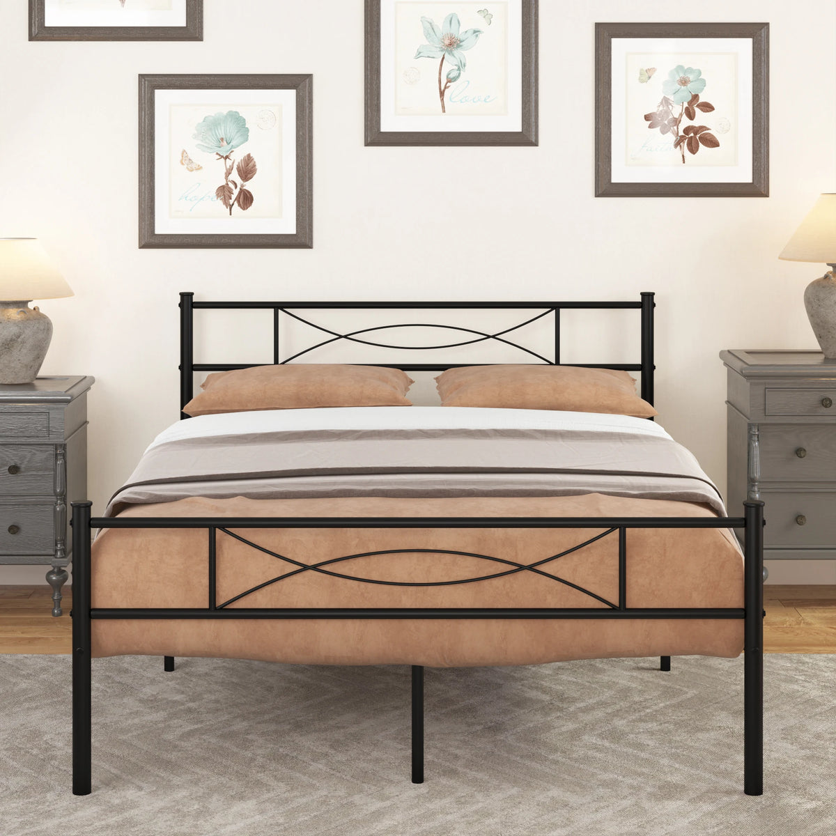 Full Bed Frame with Headboard Full Size Metal Platform Bed with under Bed Storage, Box Spring Needed