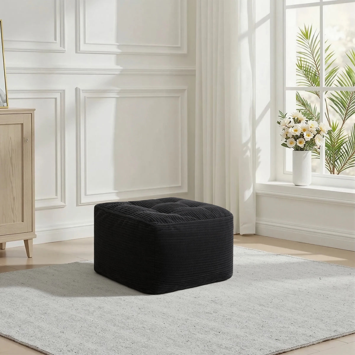 Black Corduroy Square Ottoman Footstool