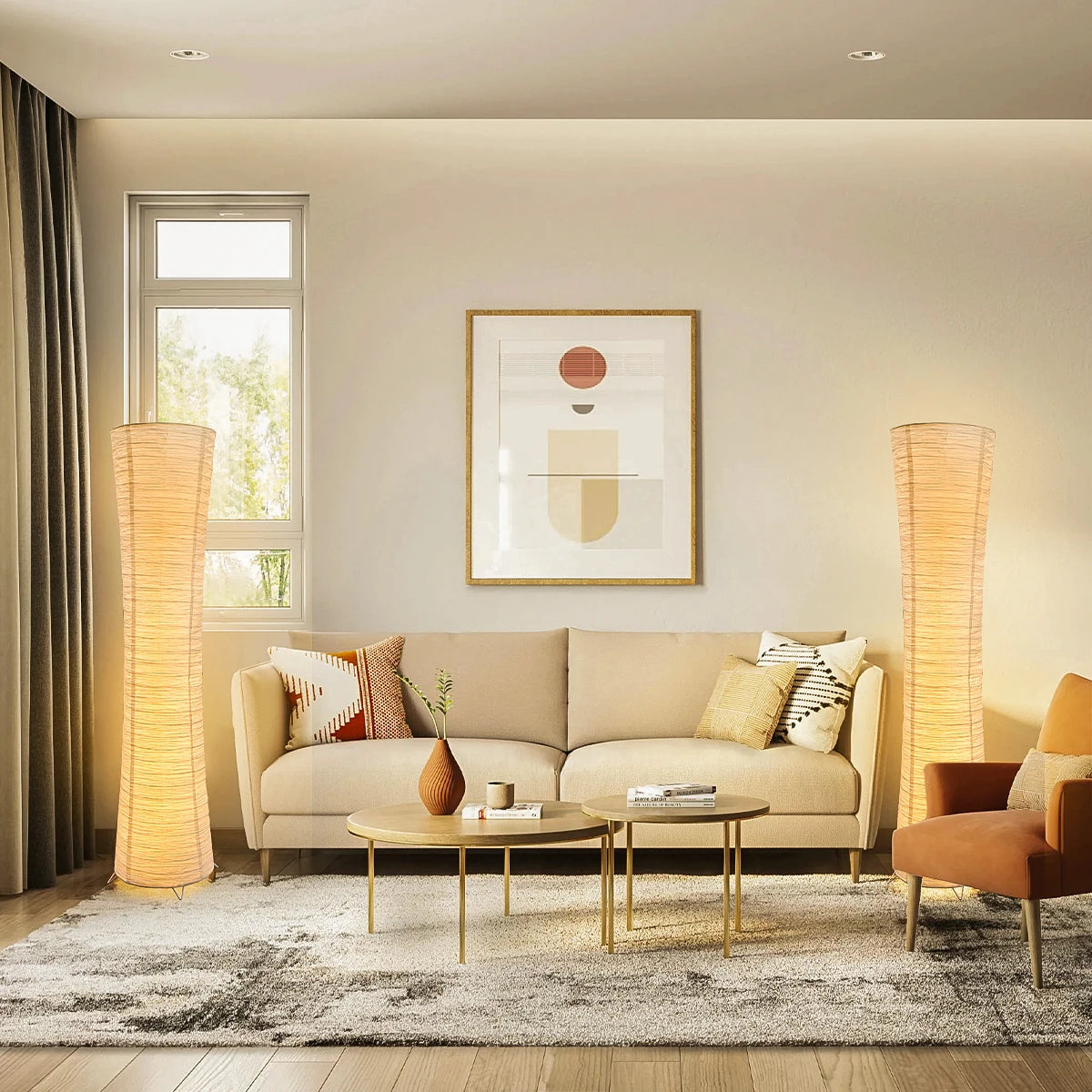 Paper lampshade floor lamp beside sofa