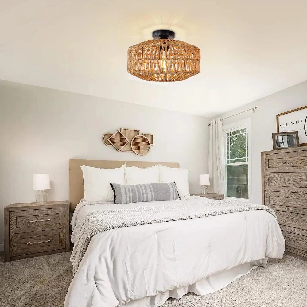 Hemp Rope Rattan Semi-Flush Ceiling Light