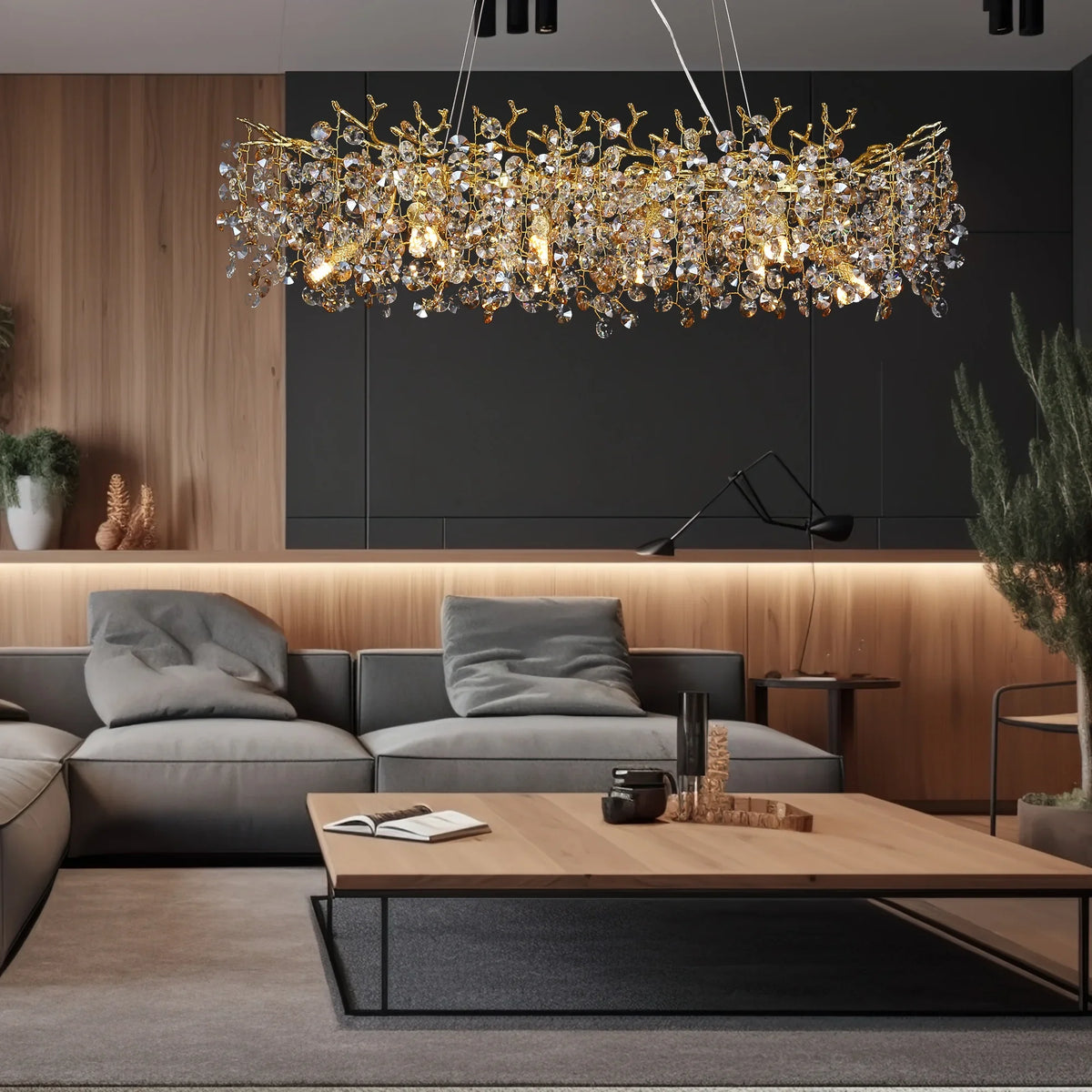 Large Gold Crystal Linear Island Chandelier
