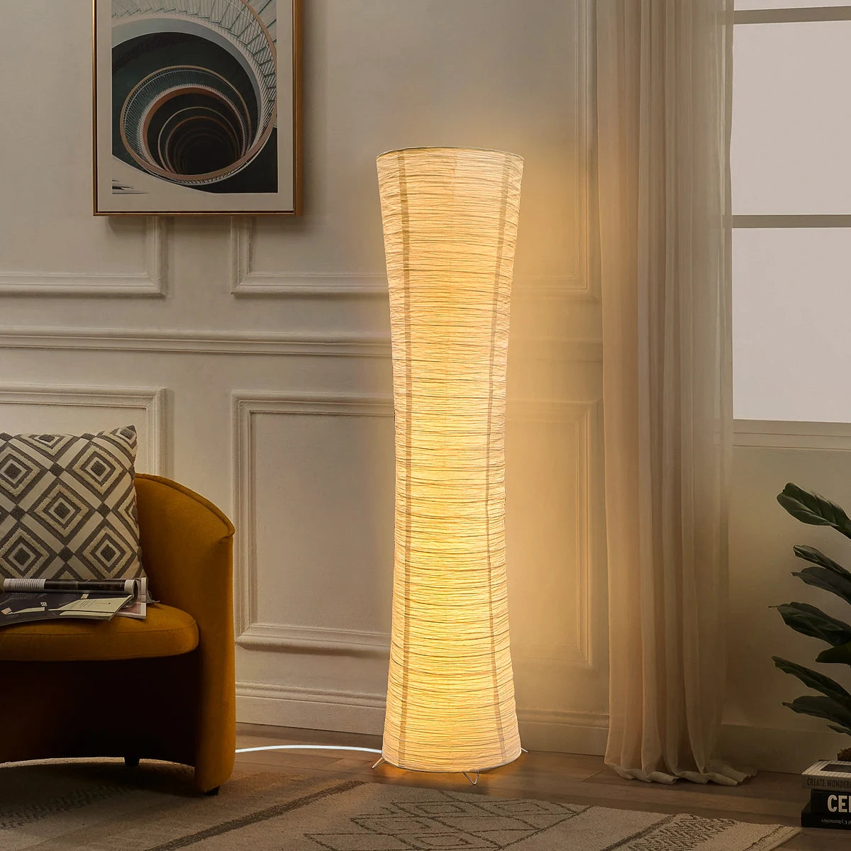 Paper lampshade floor lamp in living room