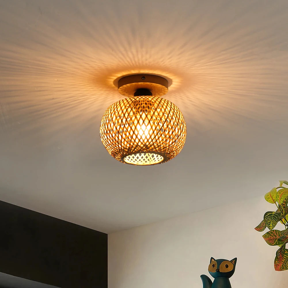 Retro Bamboo Woven 2-Light Ceiling Lamp