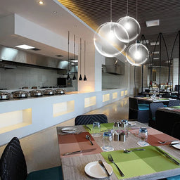 Bubble glass ball pendant lights in a restaurant