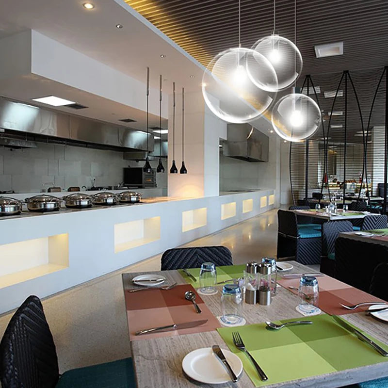 Bubble glass ball pendant lights in a restaurant