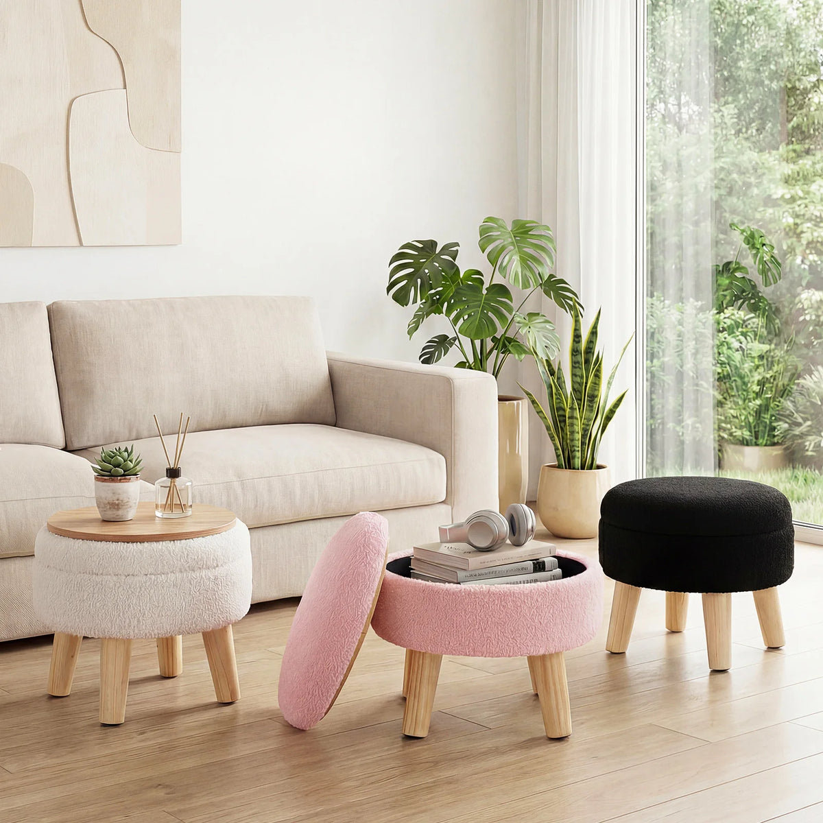 Round Teddy Velvet Storage Ottoman