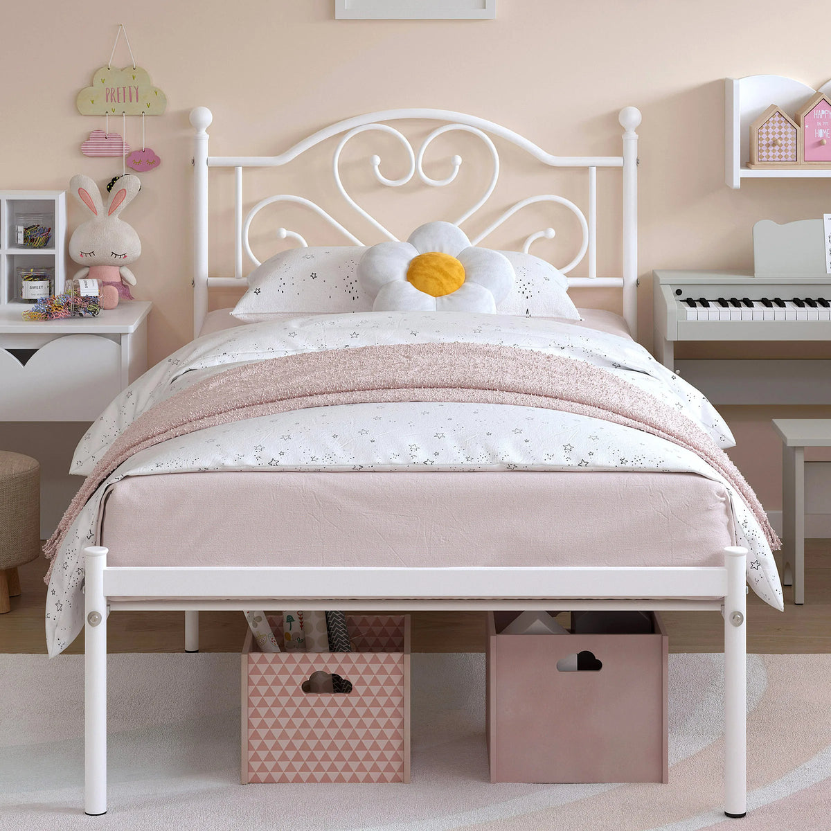 Twin Bed Frame with Headboard Metal Platform