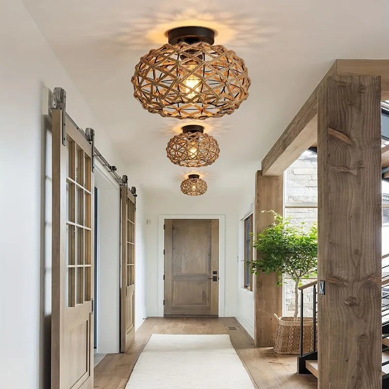 Hemp Rope Rattan Semi-Flush Ceiling Light