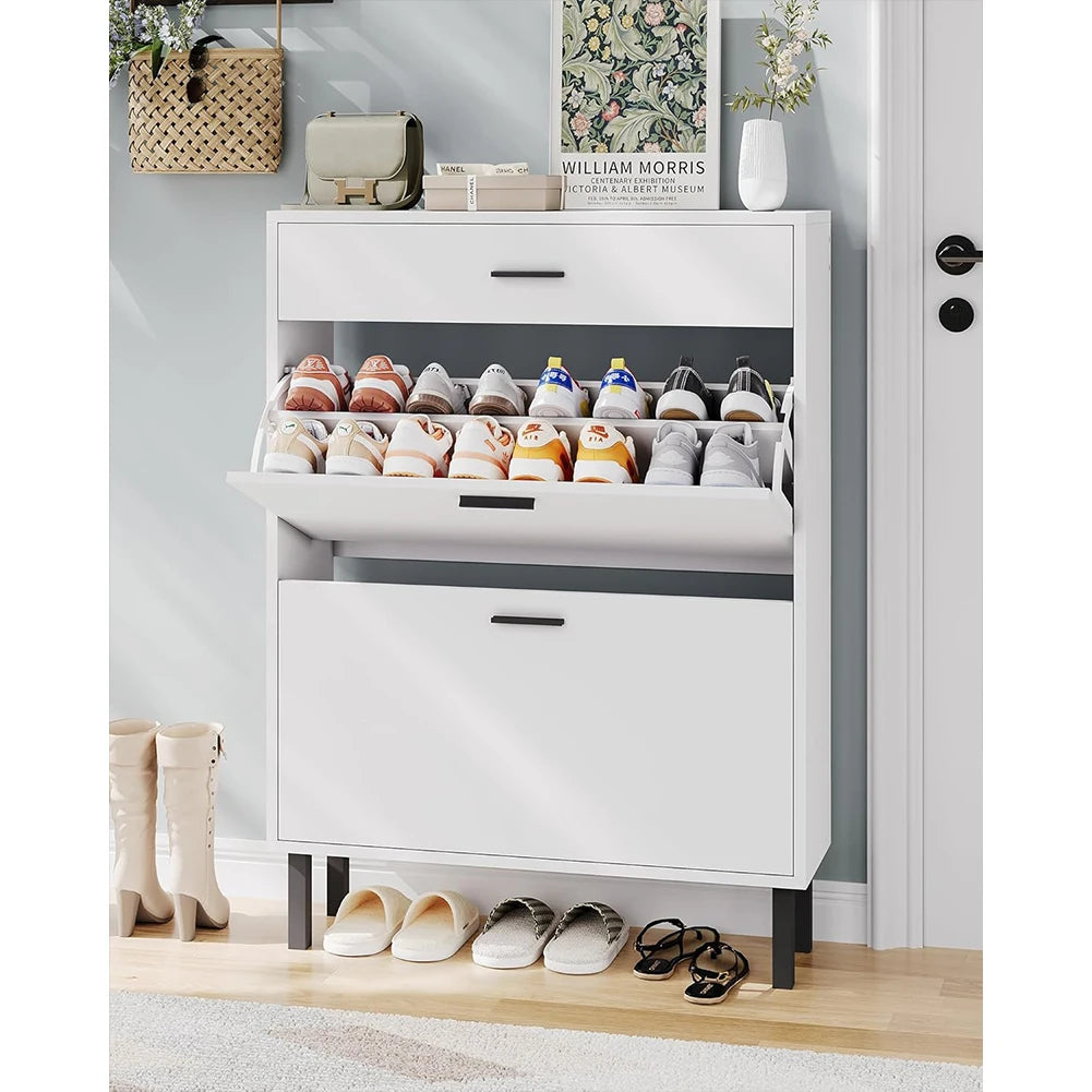 Slim Shoe Cabinet with Dual Flip Drawers