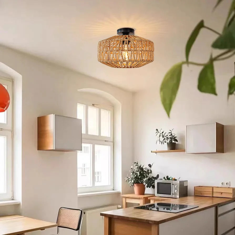 Hemp Rope Rattan Semi-Flush Ceiling Light