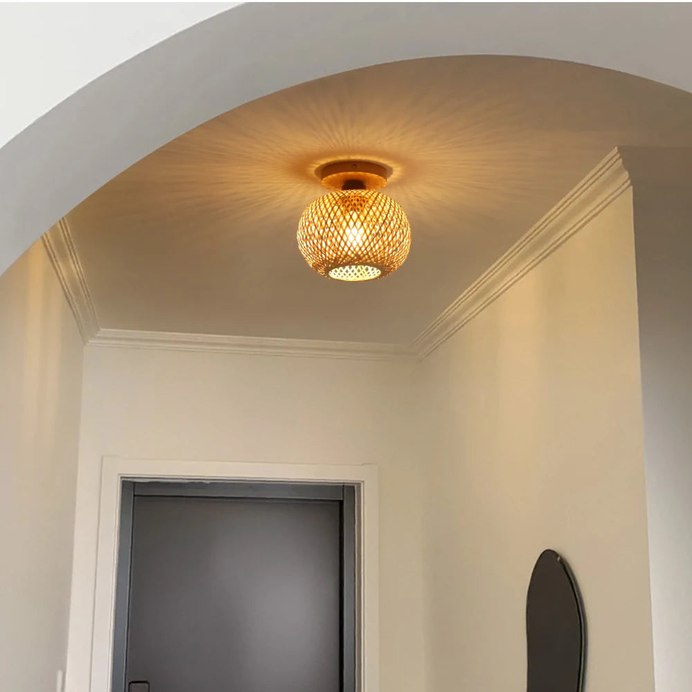 Retro Bamboo Woven 2-Light Ceiling Lamp