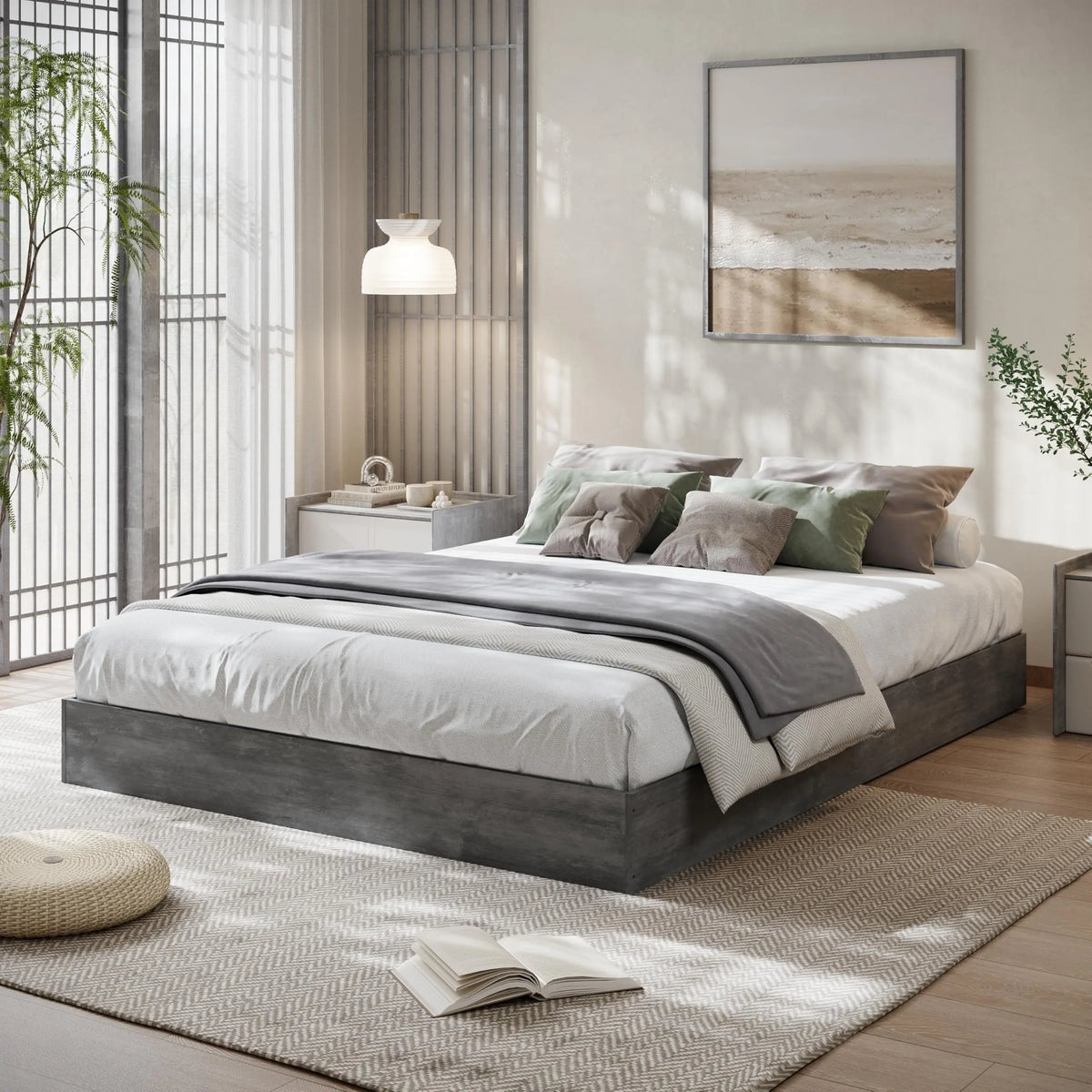 Wood Platform Bed Frame Sturdy Wooden Slat Support, No Headboard, No Box Spring Needed, Easy Assembly - Water-Washed Black