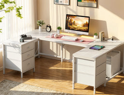 U Shaped Gaming Corner Desk 67" | Computer Desk Home Office Desk with 6 Drawers, Power Outlets, LED Lights for Bedroom Office
