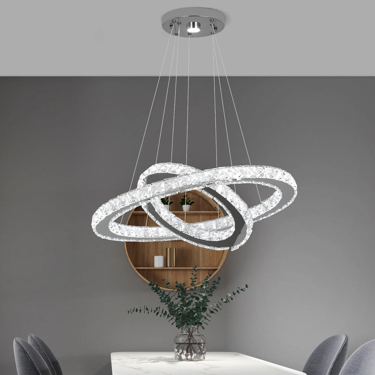 Modern Led Pendant Light Luxury Crystal Rings Dimmable Chandelier Hanging Lustre Ceiling Lamp Living Dining Room Decor Fixture